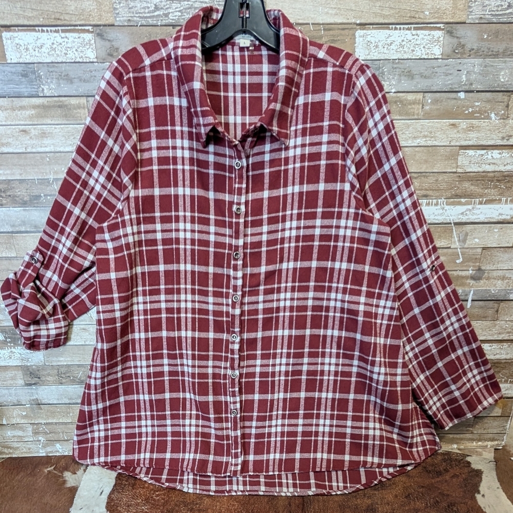 Andre By Unit Red Plaid Flare Flannel W Pull Sleeve Tabs